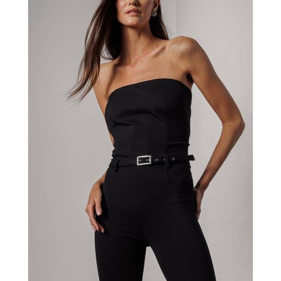 NWT Generation Love Women's Black Crystal Belted Tessa Ponte Jumpsuit Size 0 - Picture 2 of 9